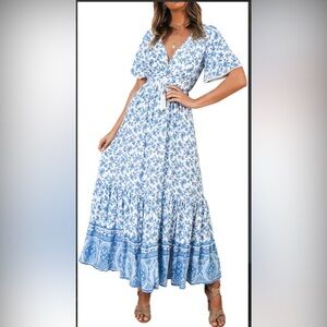 R. Vivimos Short Sleeve V Neck Floral Print Casual Bohemian Maxi Dress Blue S